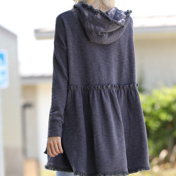 Women Navy Babydoll Hoody Tunic with Fringed ends - Picture 7 of 7